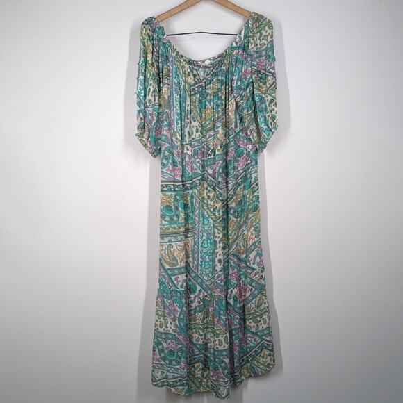 BA&SH Faga Off The Shoulder Midi Dress Size Small Green Paisley Preowned - Picture 2 of 13